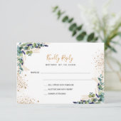 Eucalyptus greenery gold glitter bruiloft RSVP kaartje (Staand voorkant)