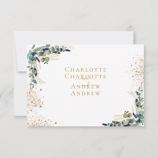 Eucalyptus greenery gold glitter bruiloft RSVP kaartje (Achterkant)