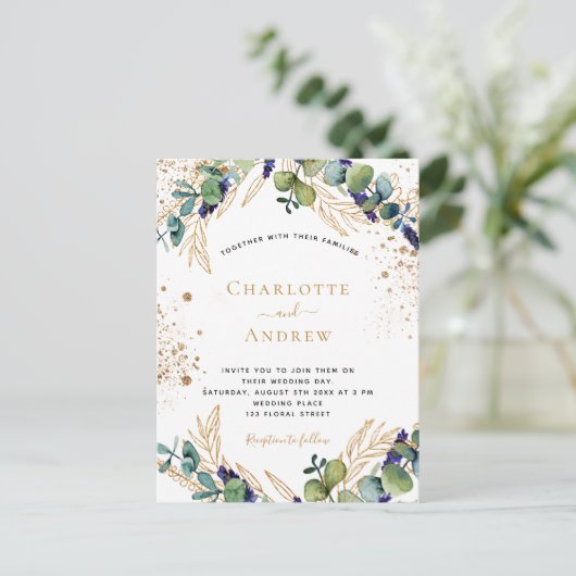 Eucalyptus greenery gold glitter elegant bruiloft  uitnodiging briefkaart (Staand voorkant)