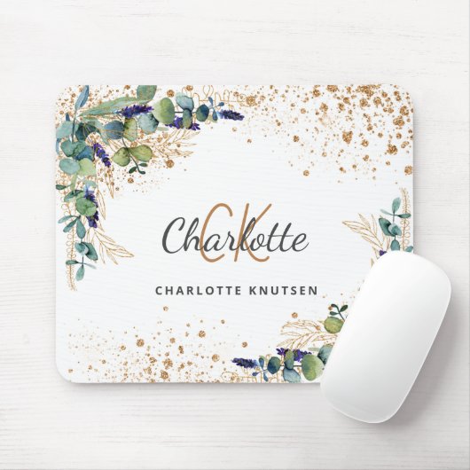 Eucalyptus greenery gold glitter monogram naam muismat (Met muis)