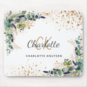 Eucalyptus greenery gold glitter monogram naam muismat