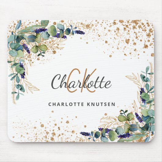 Eucalyptus greenery gold glitter monogram naam muismat (Voorkant)