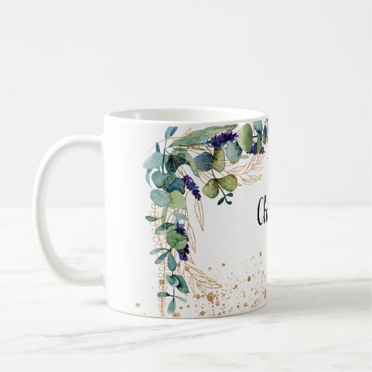 Eucalyptus greenery gold glitter name script koffiemok (Links)