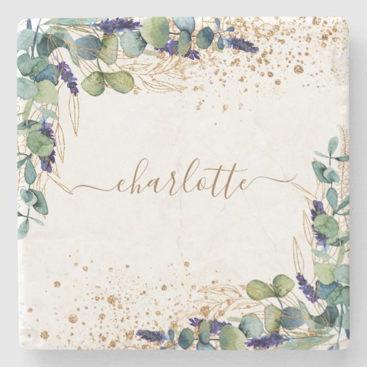 Eucalyptus greenery gold glitter name script stenen onderzetter (Voorkant)