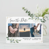 Eucalyptus Greenery Gold Glitter Photo Weddenschap Save The Date (Staand voorkant)