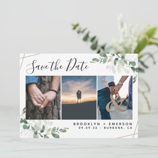 Eucalyptus Greenery Gold Glitter Photo Weddenschap Save The Date (Staand voorkant)