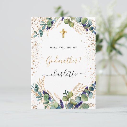 Eucalyptus greenery gold godmoessvoorstel kaart (Staand voorkant)