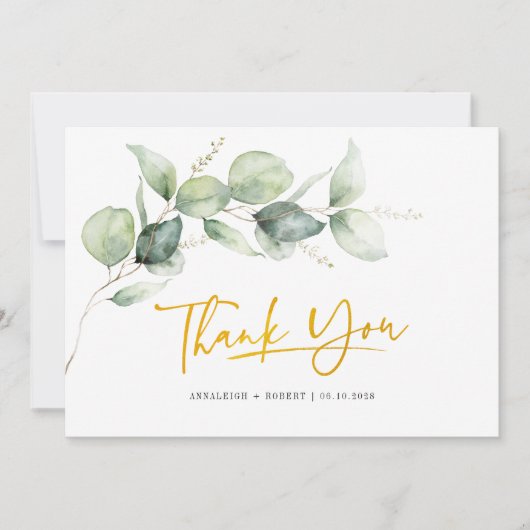 Eucalyptus Greenery Gold Hand-Lettered Wedding Bedankkaart (Voorkant)