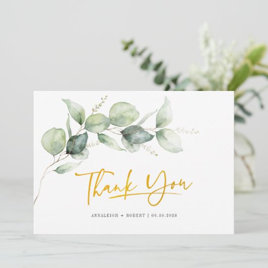 Eucalyptus Greenery Gold Hand-Lettered Wedding Bedankkaart (Staand voorkant)