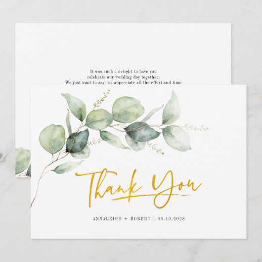Eucalyptus Greenery Gold Hand-Lettered Wedding Bedankkaart (Voorkant / Achterkant)