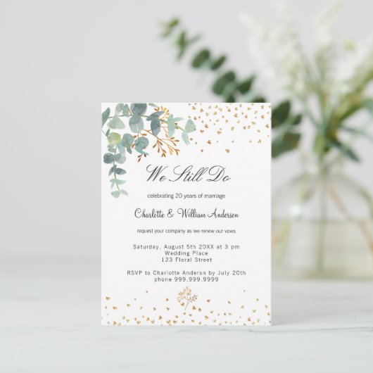 Eucalyptus greenery gold hearts vocht vernieuwing uitnodiging briefkaart (Staand voorkant)