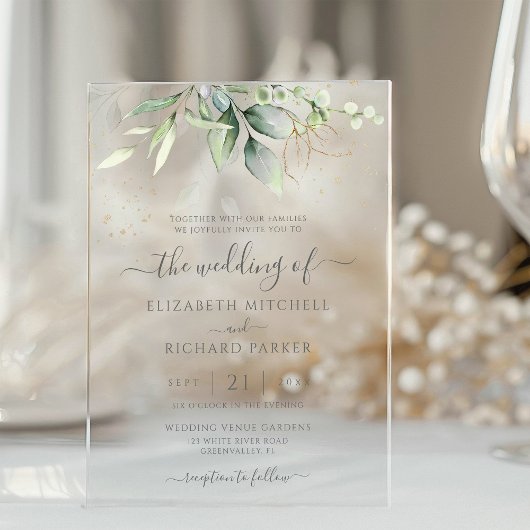Eucalyptus Greenery Gold Leaves Botanical Wedding Acryl Uitnodigingen