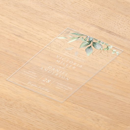 Eucalyptus Greenery Gold Leaves Botanical Wedding Acryl Uitnodigingen (Laagn)