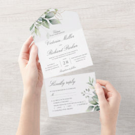 Eucalyptus Greenery Gold Leaves Botanical Wedding All In One Uitnodiging