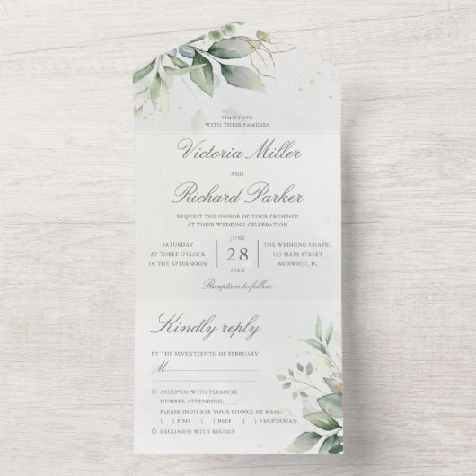 Eucalyptus Greenery Gold Leaves Botanical Wedding All In One Uitnodiging (Binnen)