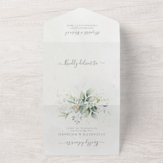 Eucalyptus Greenery Gold Leaves Botanical Wedding All In One Uitnodiging (Buitenkant)