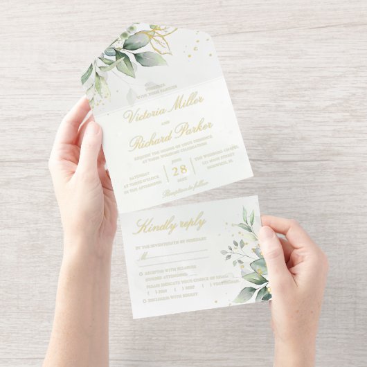Eucalyptus Greenery Gold Leaves Botanical Wedding All In One Uitnodiging (Uittrekbaar)