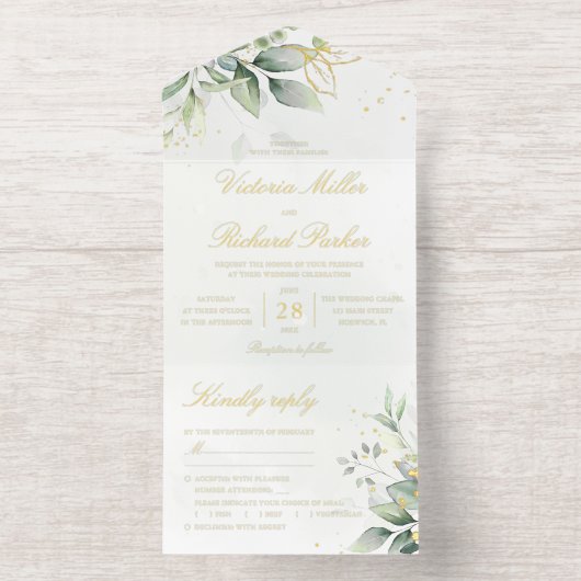 Eucalyptus Greenery Gold Leaves Botanical Wedding All In One Uitnodiging (Binnenkant)