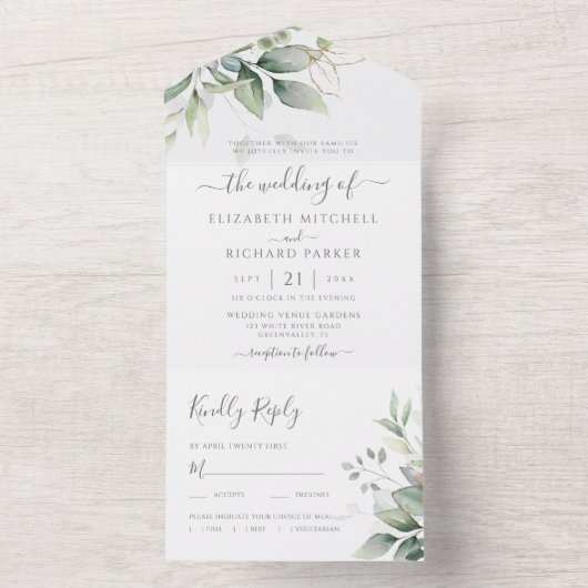 Eucalyptus Greenery Gold Leaves Botanical Wedding All In One Uitnodiging (Binnen)