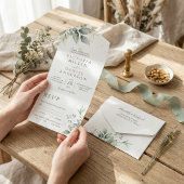 Eucalyptus Greenery Gold Leaves Botanical Wedding All In One Uitnodiging