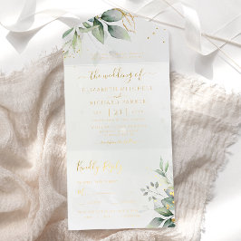 Eucalyptus Greenery Gold Leaves Botanical Wedding All In One Uitnodiging