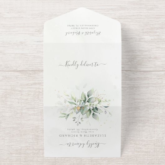 Eucalyptus Greenery Gold Leaves Botanical Wedding All In One Uitnodiging (Buiten)