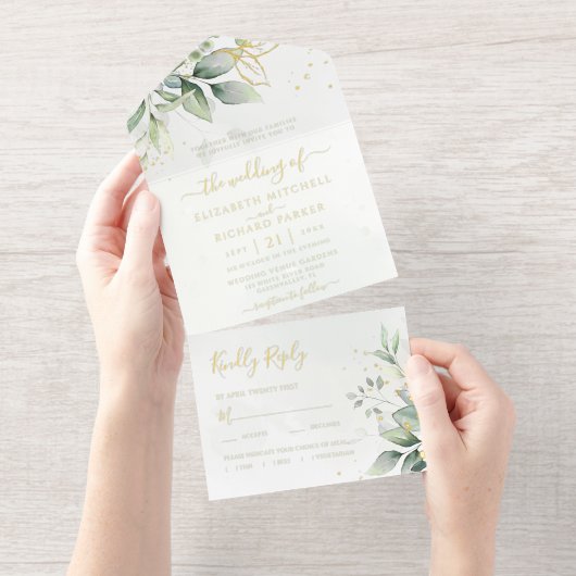 Eucalyptus Greenery Gold Leaves Botanical Wedding All In One Uitnodiging (Uittrekbaar)