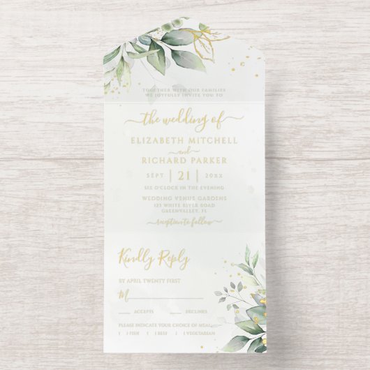 Eucalyptus Greenery Gold Leaves Botanical Wedding All In One Uitnodiging (Binnenkant)