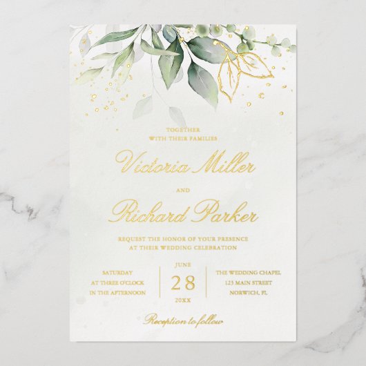 Eucalyptus Greenery Gold Leaves Botanical Wedding Folie Uitnodiging (Voorkant)