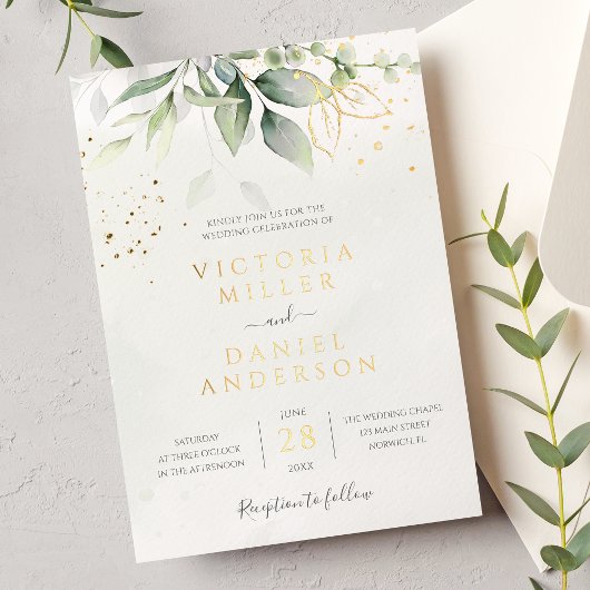 Eucalyptus Greenery Gold Leaves Botanical Wedding Folie Uitnodiging