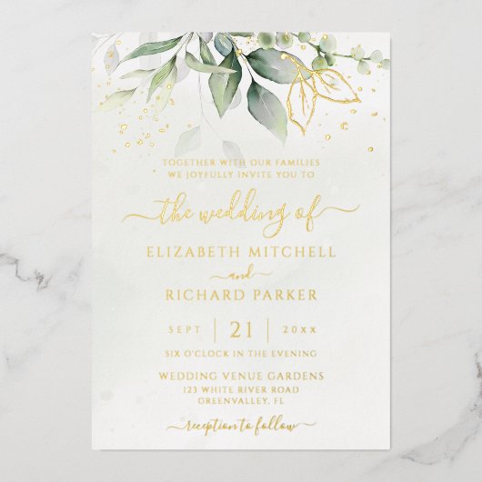 Eucalyptus Greenery Gold Leaves Botanical Wedding Folie Uitnodiging (Voorkant)
