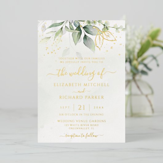 Eucalyptus Greenery Gold Leaves Botanical Wedding Folie Uitnodiging (Staand Voorkant)