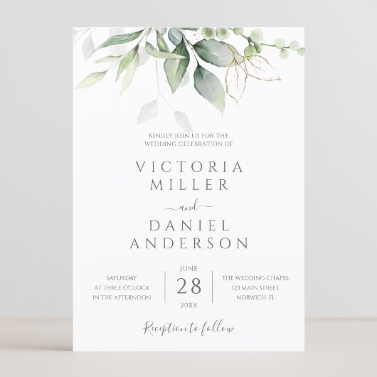 Eucalyptus Greenery Gold Leaves Botanical Wedding Kaart