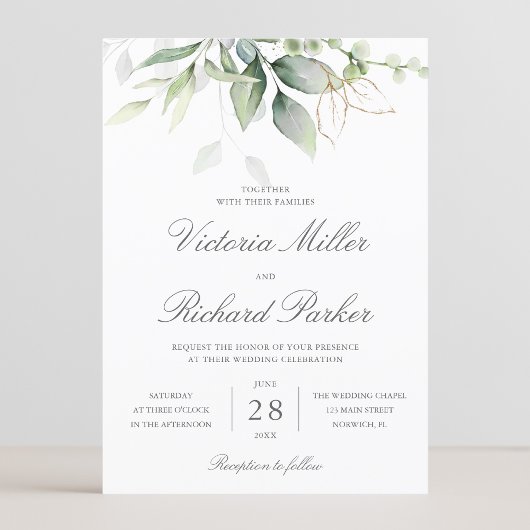 Eucalyptus Greenery Gold Leaves Botanical Wedding Kaart
