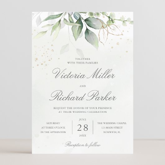 Eucalyptus Greenery Gold Leaves Botanical Wedding Kaart