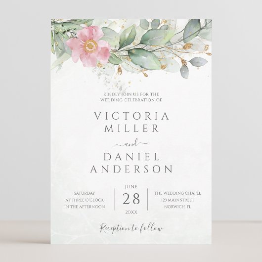 Eucalyptus Greenery Gold Leaves Botanical Wedding Kaart