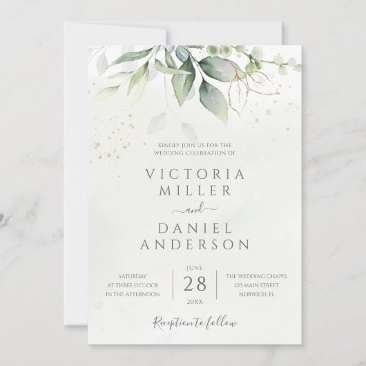 Eucalyptus Greenery Gold Leaves Botanical Wedding Kaart (Voorkant)