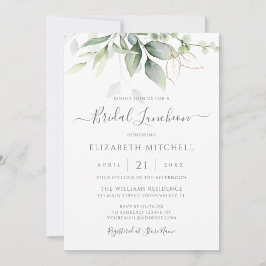 Eucalyptus Greenery Gold Leaves Bridal Luncheon Kaart (Voorkant)