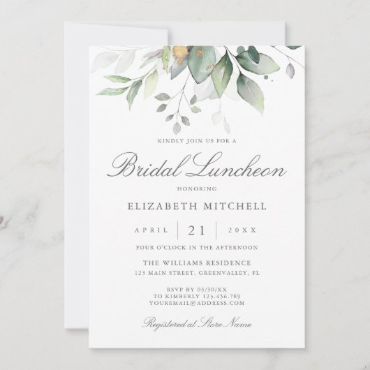 Eucalyptus Greenery Gold Leaves Bridal Luncheon Kaart (Voorkant)