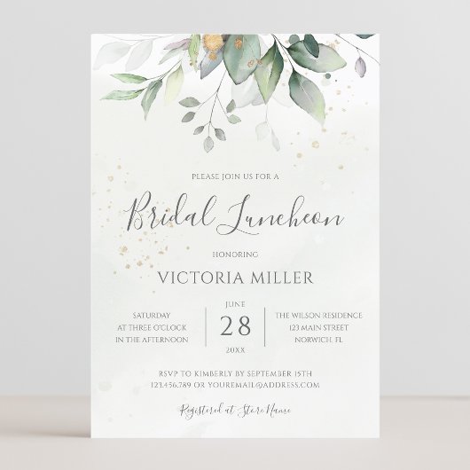 Eucalyptus Greenery Gold Leaves Bridal Luncheon Kaart