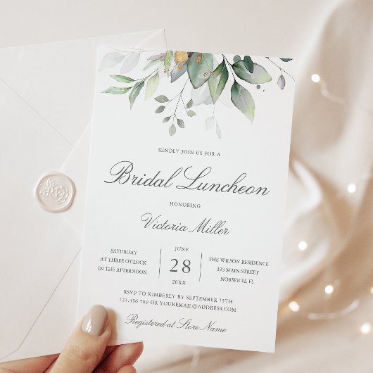 Eucalyptus Greenery Gold Leaves Bridal Luncheon Kaart