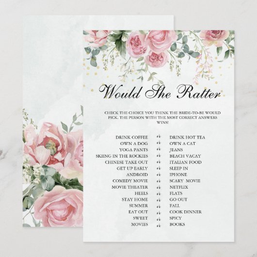 Eucalyptus Greenery Gold Leaves Bridal Shower game Kaart (Voorkant / Achterkant)