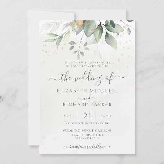 Eucalyptus Greenery Gold Leaves Elegant Wedding Kaart (Voorkant)