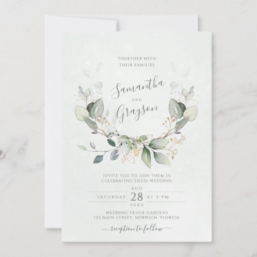 Eucalyptus Greenery Gold Leaves Elegant Wedding Kaart (Voorkant)