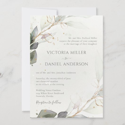 Eucalyptus Greenery Gold Leaves Elegant Wedding Kaart (Voorkant)