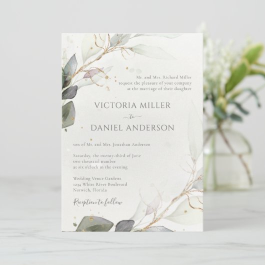 Eucalyptus Greenery Gold Leaves Elegant Wedding Kaart (Staand voorkant)