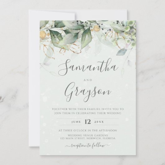 Eucalyptus Greenery Gold Leaves Elegant Wedding Kaart (Voorkant)