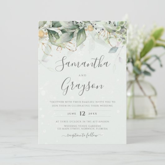 Eucalyptus Greenery Gold Leaves Elegant Wedding Kaart (Staand voorkant)