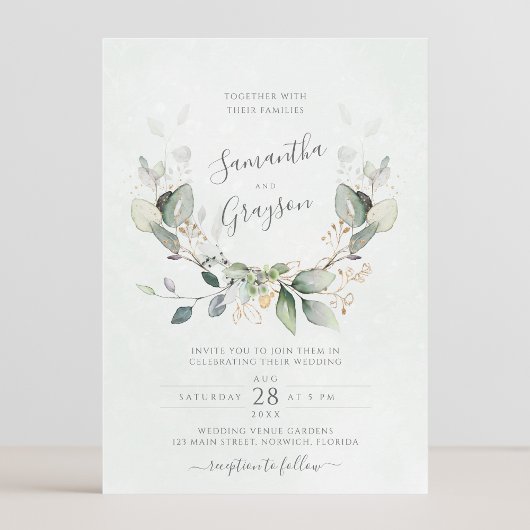 Eucalyptus Greenery Gold Leaves Elegant Wedding Kaart