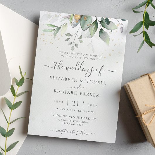 Eucalyptus Greenery Gold Leaves Elegant Wedding Kaart